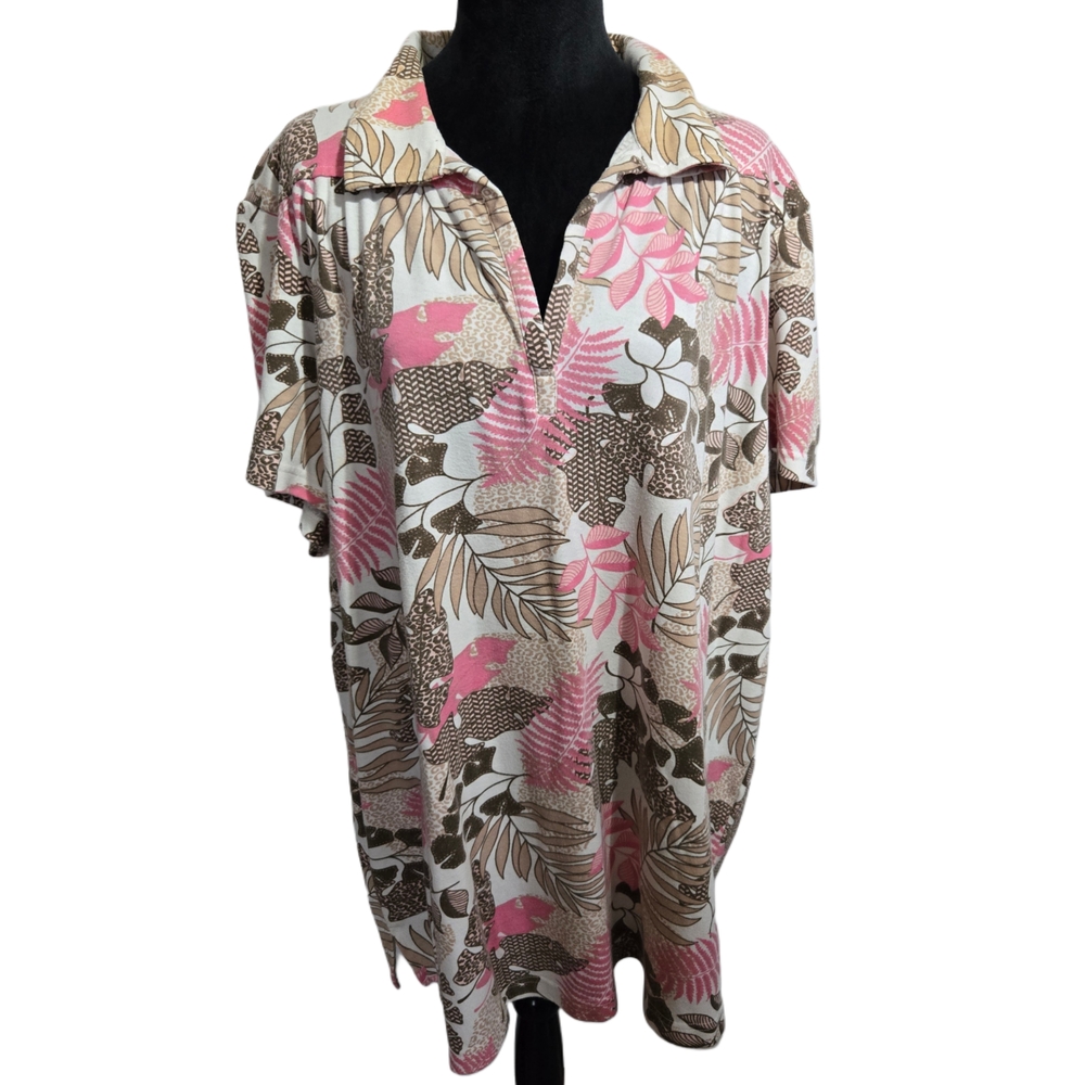 Only Necessities Pink and Brown Floral Short Sleeve Collar Blouse 2XL